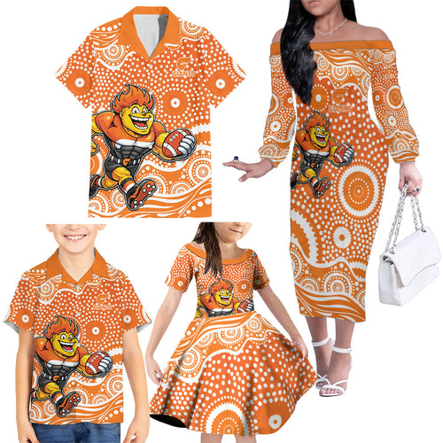 Greater Western Sydney Giants Family Matching Off The Shoulder Long Sleeve Dress and Hawaiian Shirt Aboriginal Dot Pattern - Football Mascot Heritage Pride