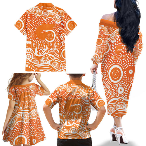 Greater Western Sydney Giants Family Matching Off The Shoulder Long Sleeve Dress and Hawaiian Shirt Aboriginal Dot Pattern - Football Mascot Heritage Pride