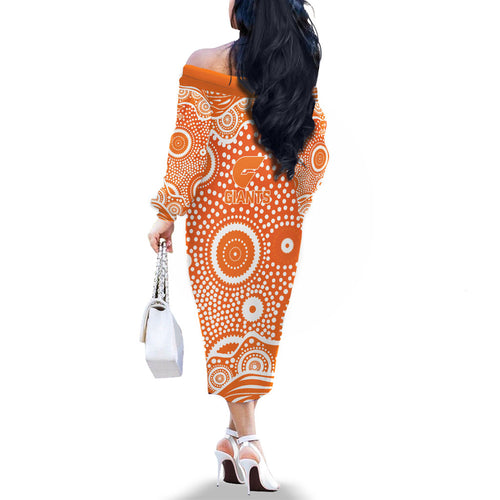 Greater Western Sydney Giants Family Matching Off The Shoulder Long Sleeve Dress and Hawaiian Shirt Aboriginal Dot Pattern - Football Mascot Heritage Pride