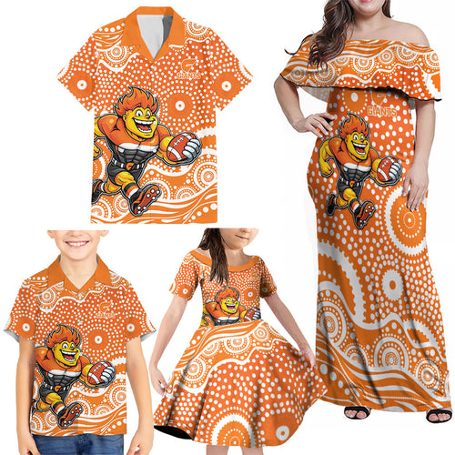 Greater Western Sydney Giants Family Matching Off Shoulder Maxi Dress and Hawaiian Shirt Aboriginal Dot Pattern - Football Mascot Heritage Pride