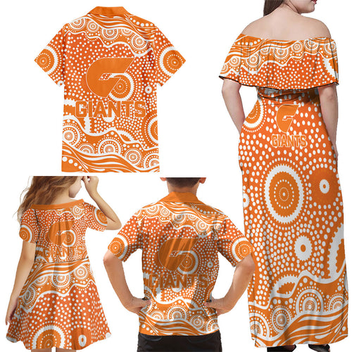 Greater Western Sydney Giants Family Matching Off Shoulder Maxi Dress and Hawaiian Shirt Aboriginal Dot Pattern - Football Mascot Heritage Pride