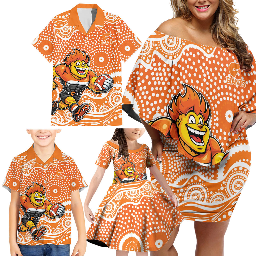 Greater Western Sydney Giants Family Matching Off Shoulder Short Dress and Hawaiian Shirt Aboriginal Dot Pattern - Football Mascot Heritage Pride