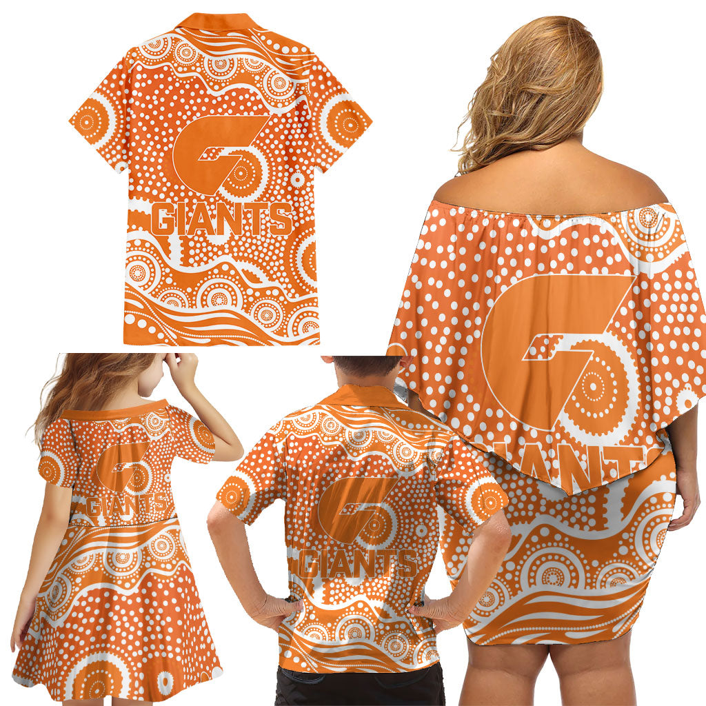 Greater Western Sydney Giants Family Matching Off Shoulder Short Dress and Hawaiian Shirt Aboriginal Dot Pattern - Football Mascot Heritage Pride