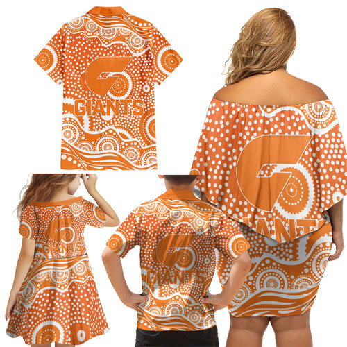 Greater Western Sydney Giants Family Matching Off Shoulder Short Dress and Hawaiian Shirt Aboriginal Dot Pattern - Football Mascot Heritage Pride