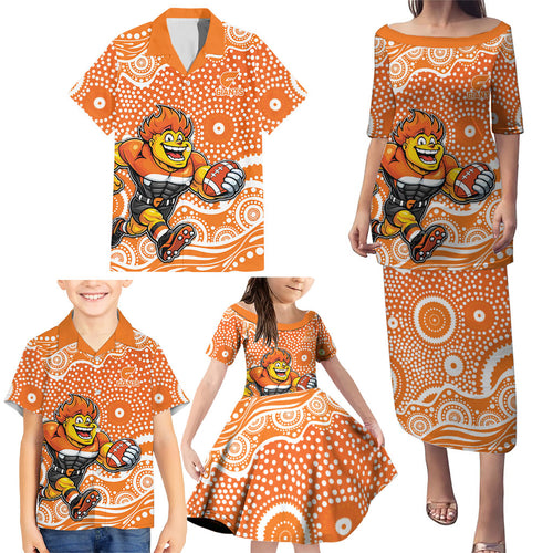 Greater Western Sydney Giants Family Matching Puletasi and Hawaiian Shirt Aboriginal Dot Pattern - Football Mascot Heritage Pride