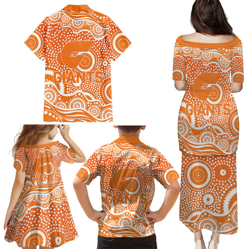 Greater Western Sydney Giants Family Matching Puletasi and Hawaiian Shirt Aboriginal Dot Pattern - Football Mascot Heritage Pride