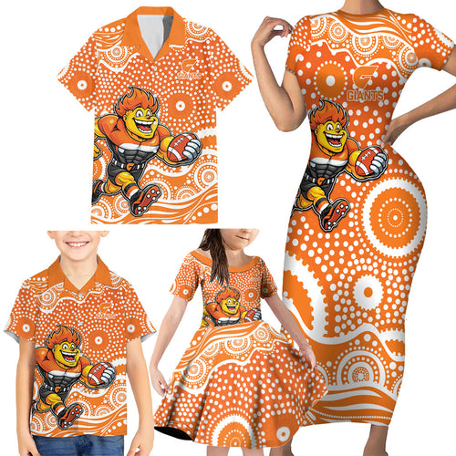 Greater Western Sydney Giants Family Matching Short Sleeve Bodycon Dress and Hawaiian Shirt Aboriginal Dot Pattern - Football Mascot Heritage Pride