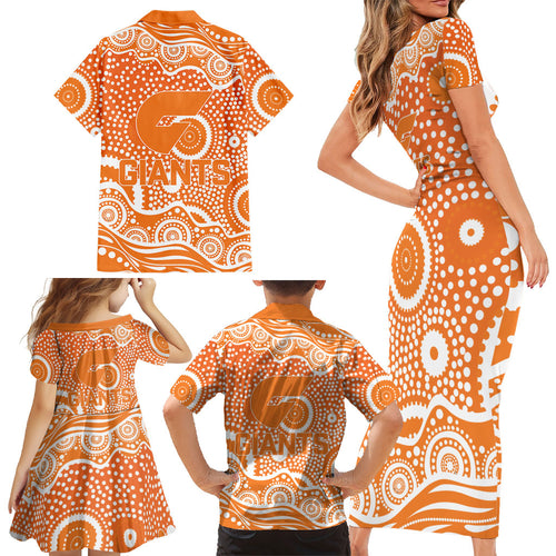 Greater Western Sydney Giants Family Matching Short Sleeve Bodycon Dress and Hawaiian Shirt Aboriginal Dot Pattern - Football Mascot Heritage Pride