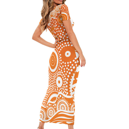 Greater Western Sydney Giants Family Matching Short Sleeve Bodycon Dress and Hawaiian Shirt Aboriginal Dot Pattern - Football Mascot Heritage Pride