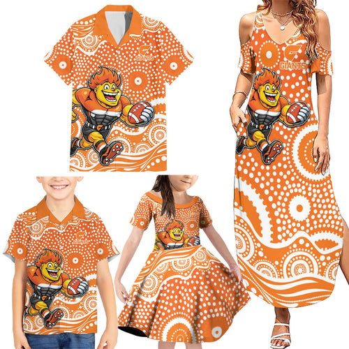 Greater Western Sydney Giants Family Matching Summer Maxi Dress and Hawaiian Shirt Aboriginal Dot Pattern - Football Mascot Heritage Pride