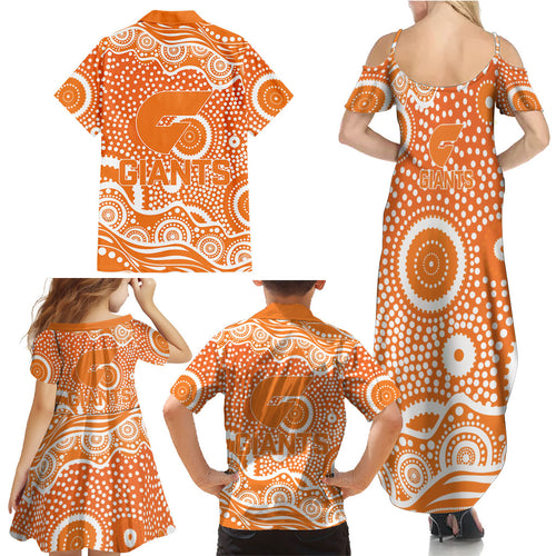 Greater Western Sydney Giants Family Matching Summer Maxi Dress and Hawaiian Shirt Aboriginal Dot Pattern - Football Mascot Heritage Pride