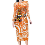 Greater Western Sydney Giants Long Sleeve Bodycon Dress Aboriginal Dot Pattern - Football Mascot Heritage Pride