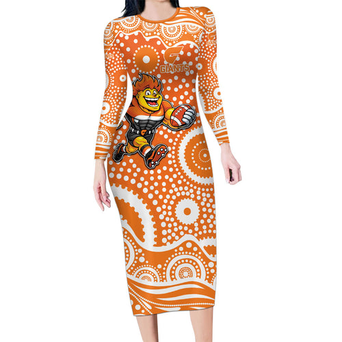 Greater Western Sydney Giants Long Sleeve Bodycon Dress Aboriginal Dot Pattern - Football Mascot Heritage Pride