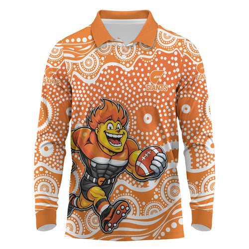 Greater Western Sydney Giants Long Sleeve Polo Shirt Aboriginal Dot Pattern - Football Mascot Heritage Pride