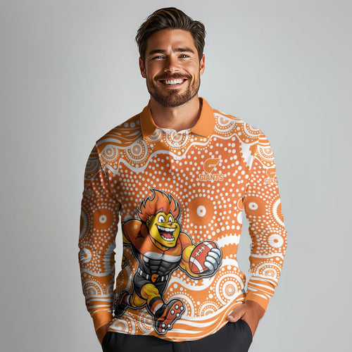 Greater Western Sydney Giants Long Sleeve Polo Shirt Aboriginal Dot Pattern - Football Mascot Heritage Pride