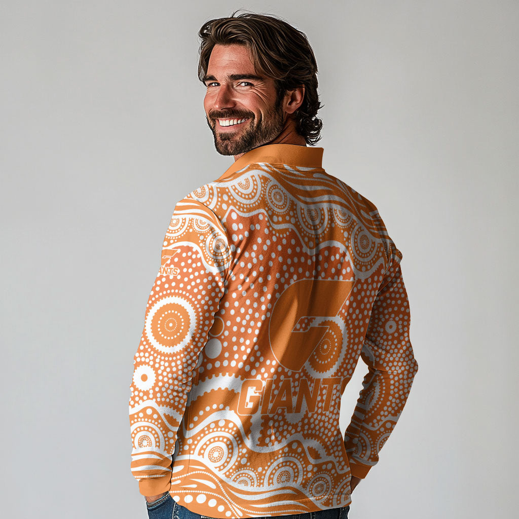Greater Western Sydney Giants Long Sleeve Polo Shirt Aboriginal Dot Pattern - Football Mascot Heritage Pride
