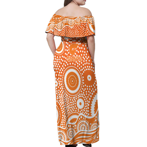 Greater Western Sydney Giants Off Shoulder Maxi Dress Aboriginal Dot Pattern - Football Mascot Heritage Pride