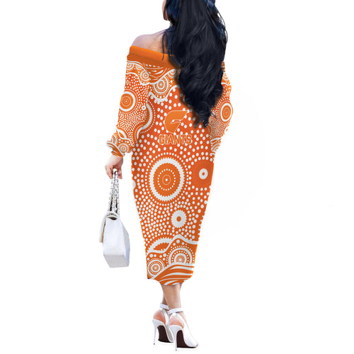 Greater Western Sydney Giants Off The Shoulder Long Sleeve Dress Aboriginal Dot Pattern - Football Mascot Heritage Pride