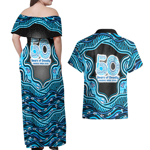 Adelaide Cricket NAIDOC Week 2026 Couples Matching Off Shoulder Maxi Dress and Hawaiian Shirt Aboriginal Indigenous - 50 Years of Deadly