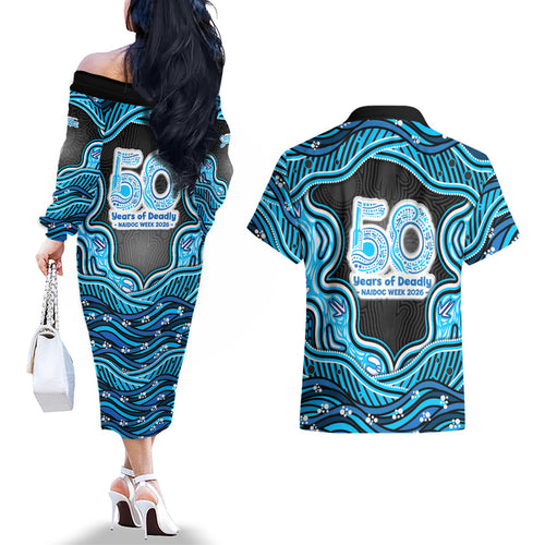 Adelaide Cricket NAIDOC Week 2026 Couples Matching Off The Shoulder Long Sleeve Dress and Hawaiian Shirt Aboriginal Indigenous - 50 Years of Deadly