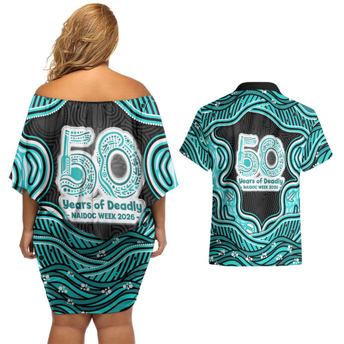Brisbane Heat NAIDOC Week 2026 Couples Matching Off Shoulder Short Dress and Hawaiian Shirt Aboriginal Indigenous - 50 Years of Deadly