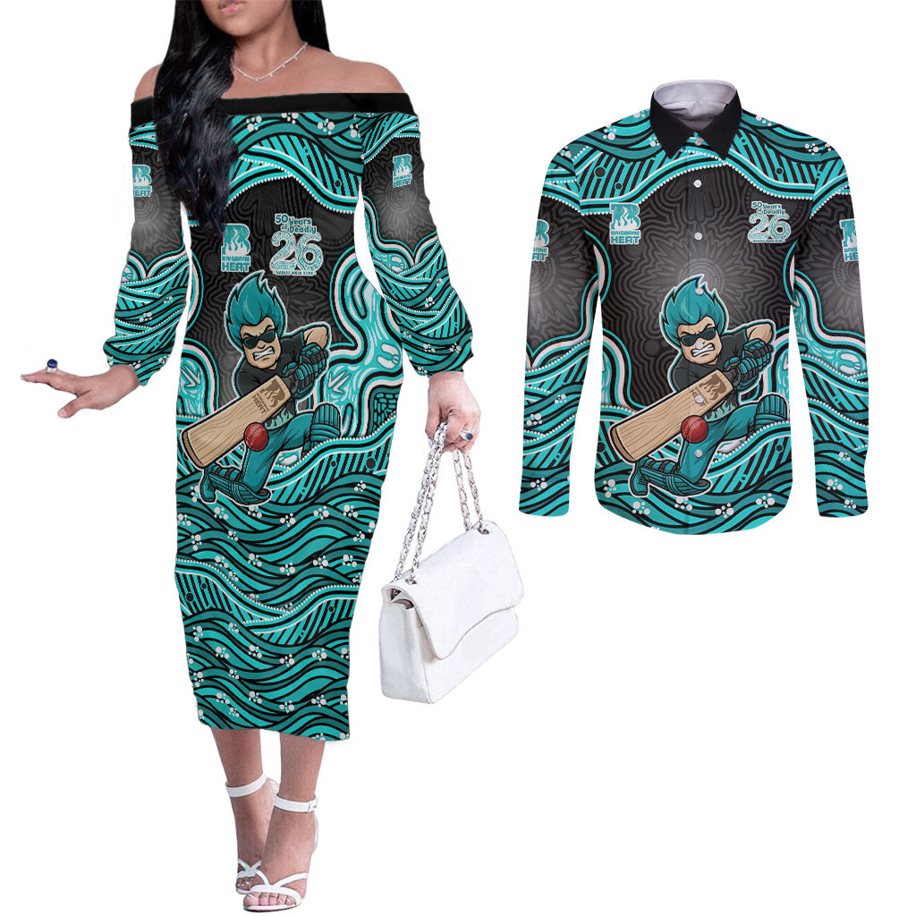 Brisbane Heat NAIDOC Week 2026 Couples Matching Off The Shoulder Long Sleeve Dress and Long Sleeve Button Shirt Aboriginal Indigenous - 50 Years of Deadly