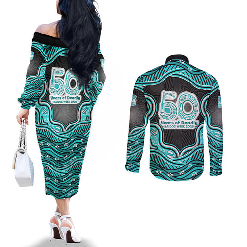 Brisbane Heat NAIDOC Week 2026 Couples Matching Off The Shoulder Long Sleeve Dress and Long Sleeve Button Shirt Aboriginal Indigenous - 50 Years of Deadly