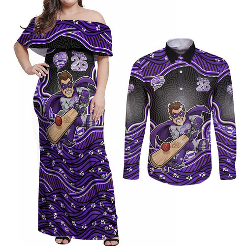 Hobart Hurricanes NAIDOC Week 2026 Couples Matching Off Shoulder Maxi Dress and Long Sleeve Button Shirt Aboriginal Indigenous - 50 Years of Deadly