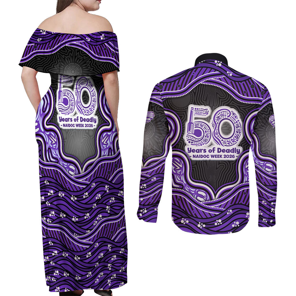 Hobart Hurricanes NAIDOC Week 2026 Couples Matching Off Shoulder Maxi Dress and Long Sleeve Button Shirt Aboriginal Indigenous - 50 Years of Deadly