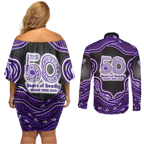 Hobart Hurricanes NAIDOC Week 2026 Couples Matching Off Shoulder Short Dress and Long Sleeve Button Shirt Aboriginal Indigenous - 50 Years of Deadly