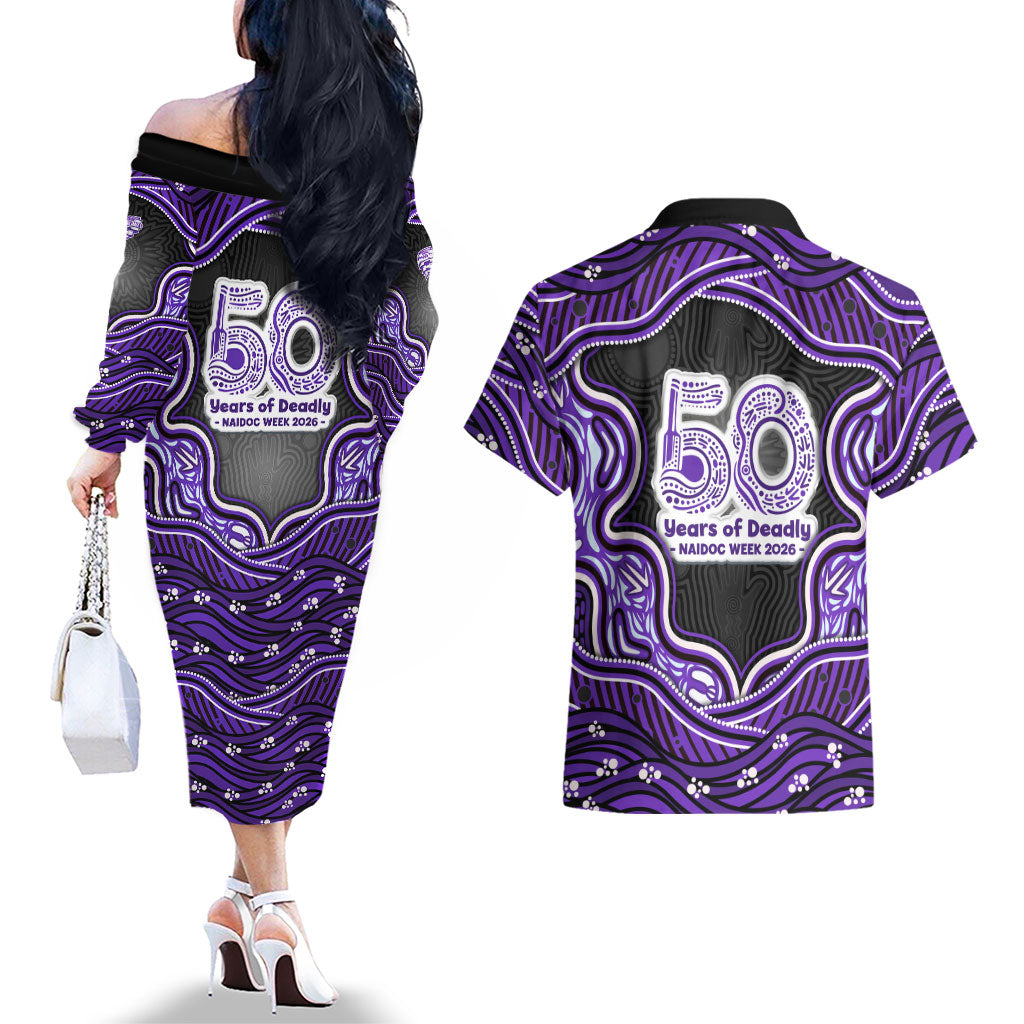 Hobart Hurricanes NAIDOC Week 2026 Couples Matching Off The Shoulder Long Sleeve Dress and Hawaiian Shirt Aboriginal Indigenous - 50 Years of Deadly