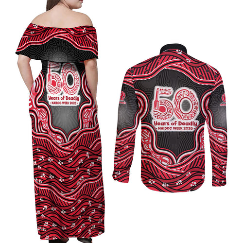 Melbourne Renegades NAIDOC Week 2026 Couples Matching Off Shoulder Maxi Dress and Long Sleeve Button Shirt Aboriginal Indigenous - 50 Years of Deadly