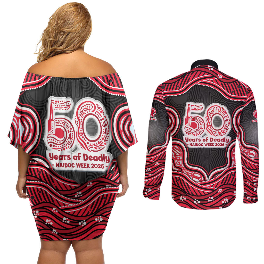 Melbourne Renegades NAIDOC Week 2026 Couples Matching Off Shoulder Short Dress and Long Sleeve Button Shirt Aboriginal Indigenous - 50 Years of Deadly