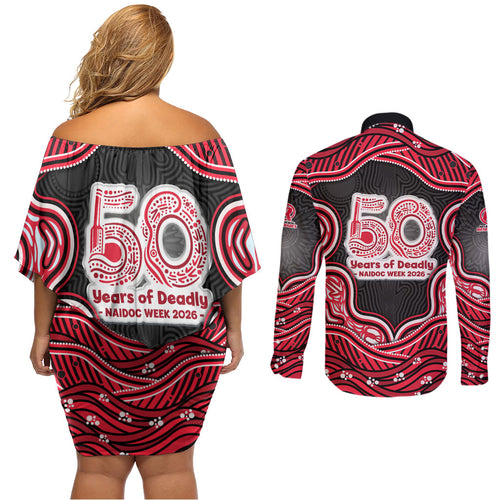 Melbourne Renegades NAIDOC Week 2026 Couples Matching Off Shoulder Short Dress and Long Sleeve Button Shirt Aboriginal Indigenous - 50 Years of Deadly