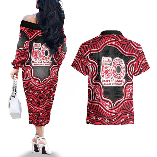 Melbourne Renegades NAIDOC Week 2026 Couples Matching Off The Shoulder Long Sleeve Dress and Hawaiian Shirt Aboriginal Indigenous - 50 Years of Deadly