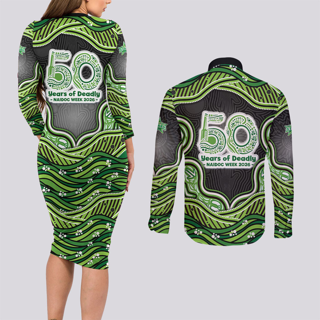 Melbourne Stars NAIDOC Week 2026 Couples Matching Long Sleeve Bodycon Dress and Long Sleeve Button Shirt Aboriginal Indigenous - 50 Years of Deadly