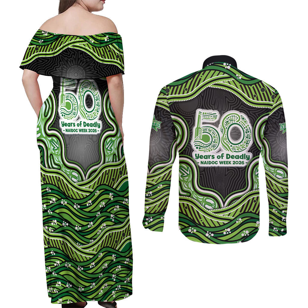 Melbourne Stars NAIDOC Week 2026 Couples Matching Off Shoulder Maxi Dress and Long Sleeve Button Shirt Aboriginal Indigenous - 50 Years of Deadly