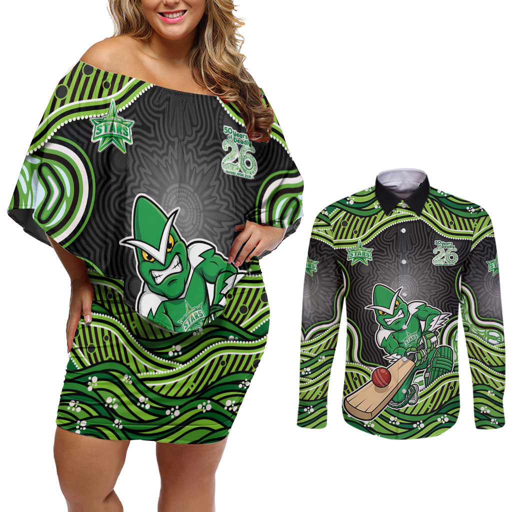Melbourne Stars NAIDOC Week 2026 Couples Matching Off Shoulder Short Dress and Long Sleeve Button Shirt Aboriginal Indigenous - 50 Years of Deadly