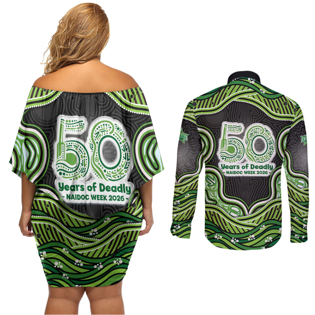 Melbourne Stars NAIDOC Week 2026 Couples Matching Off Shoulder Short Dress and Long Sleeve Button Shirt Aboriginal Indigenous - 50 Years of Deadly