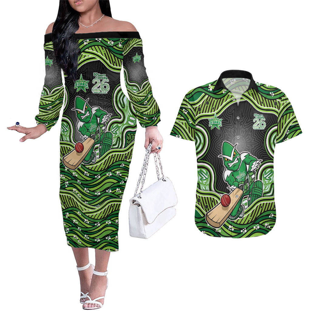 Melbourne Stars NAIDOC Week 2026 Couples Matching Off The Shoulder Long Sleeve Dress and Hawaiian Shirt Aboriginal Indigenous - 50 Years of Deadly