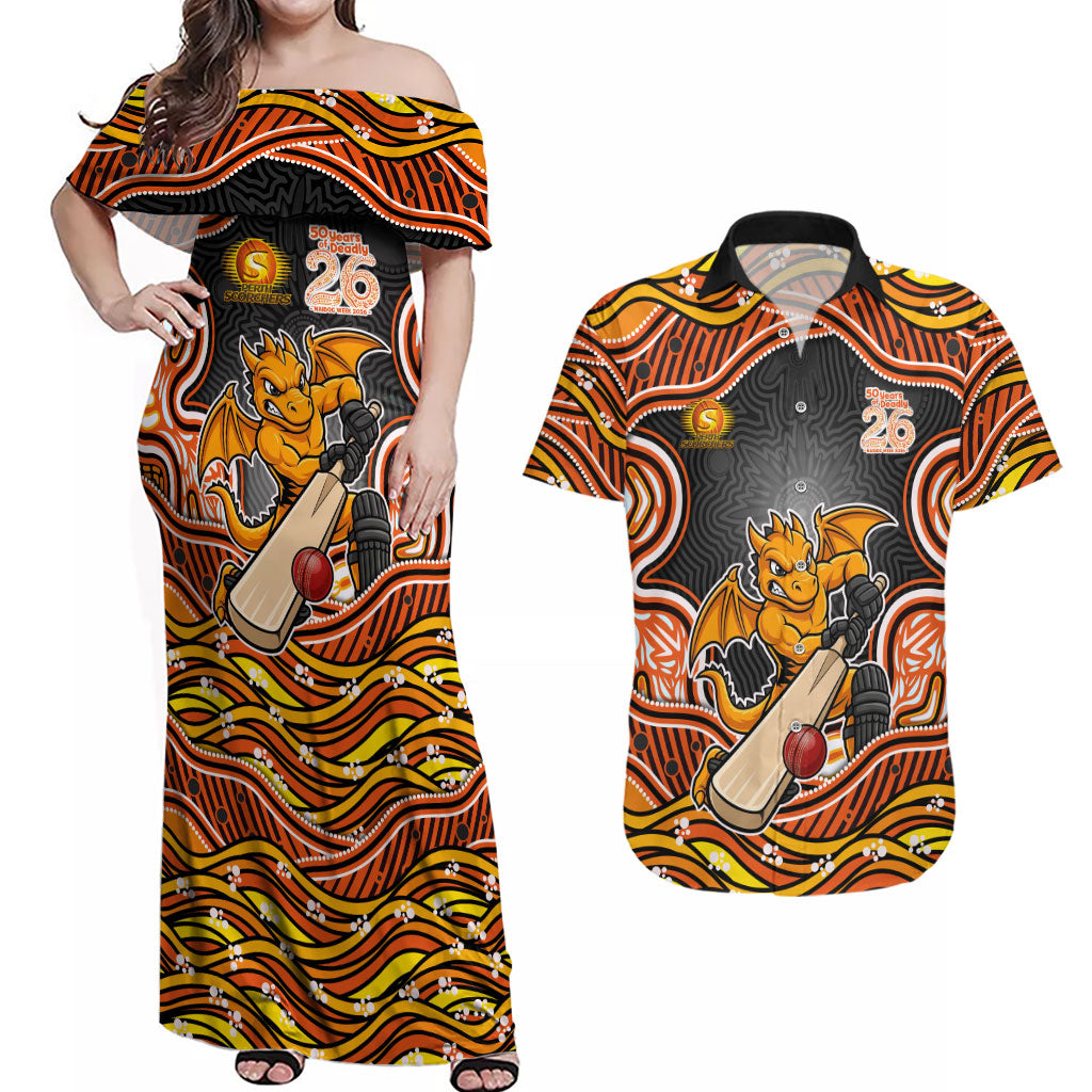 Perth Scorchers NAIDOC Week 2026 Couples Matching Off Shoulder Maxi Dress and Hawaiian Shirt Aboriginal Indigenous - 50 Years of Deadly