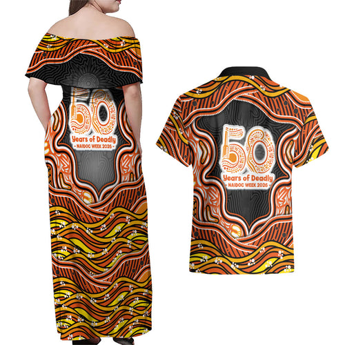 Perth Scorchers NAIDOC Week 2026 Couples Matching Off Shoulder Maxi Dress and Hawaiian Shirt Aboriginal Indigenous - 50 Years of Deadly