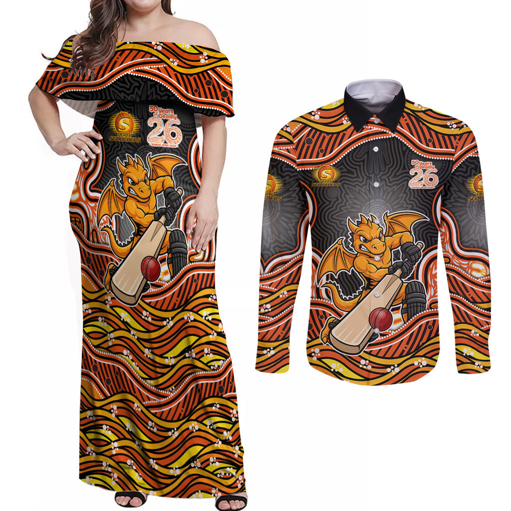 Perth Scorchers NAIDOC Week 2026 Couples Matching Off Shoulder Maxi Dress and Long Sleeve Button Shirt Aboriginal Indigenous - 50 Years of Deadly