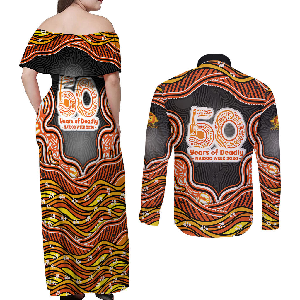 Perth Scorchers NAIDOC Week 2026 Couples Matching Off Shoulder Maxi Dress and Long Sleeve Button Shirt Aboriginal Indigenous - 50 Years of Deadly