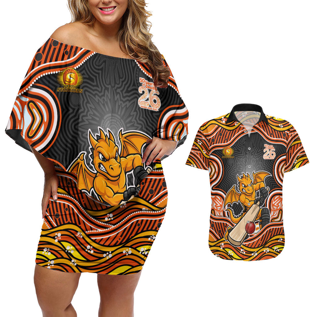 Perth Scorchers NAIDOC Week 2026 Couples Matching Off Shoulder Short Dress and Hawaiian Shirt Aboriginal Indigenous - 50 Years of Deadly