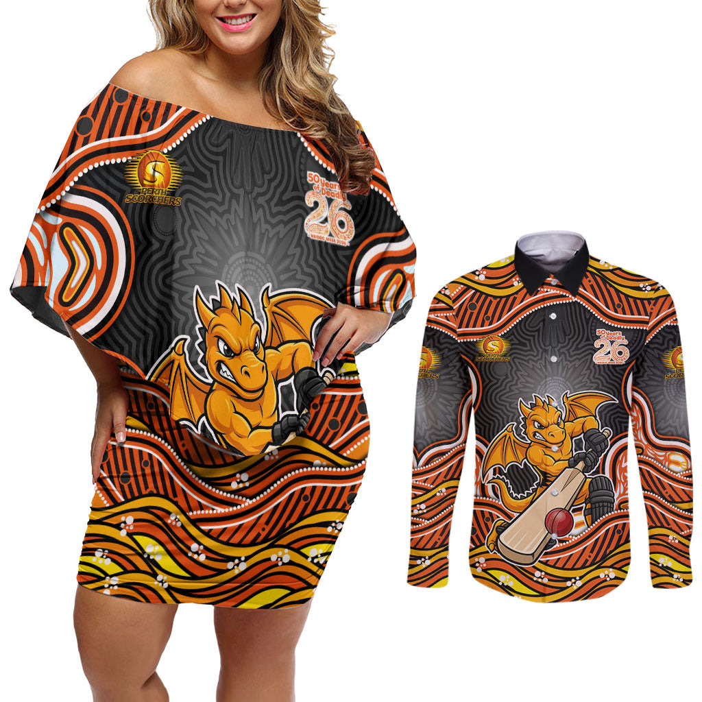 Perth Scorchers NAIDOC Week 2026 Couples Matching Off Shoulder Short Dress and Long Sleeve Button Shirt Aboriginal Indigenous - 50 Years of Deadly