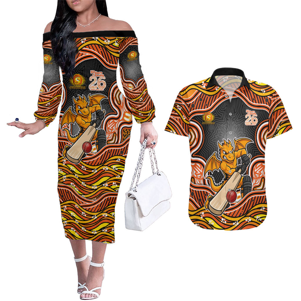 Perth Scorchers NAIDOC Week 2026 Couples Matching Off The Shoulder Long Sleeve Dress and Hawaiian Shirt Aboriginal Indigenous - 50 Years of Deadly