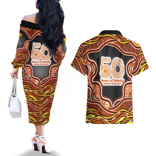 Perth Scorchers NAIDOC Week 2026 Couples Matching Off The Shoulder Long Sleeve Dress and Hawaiian Shirt Aboriginal Indigenous - 50 Years of Deadly
