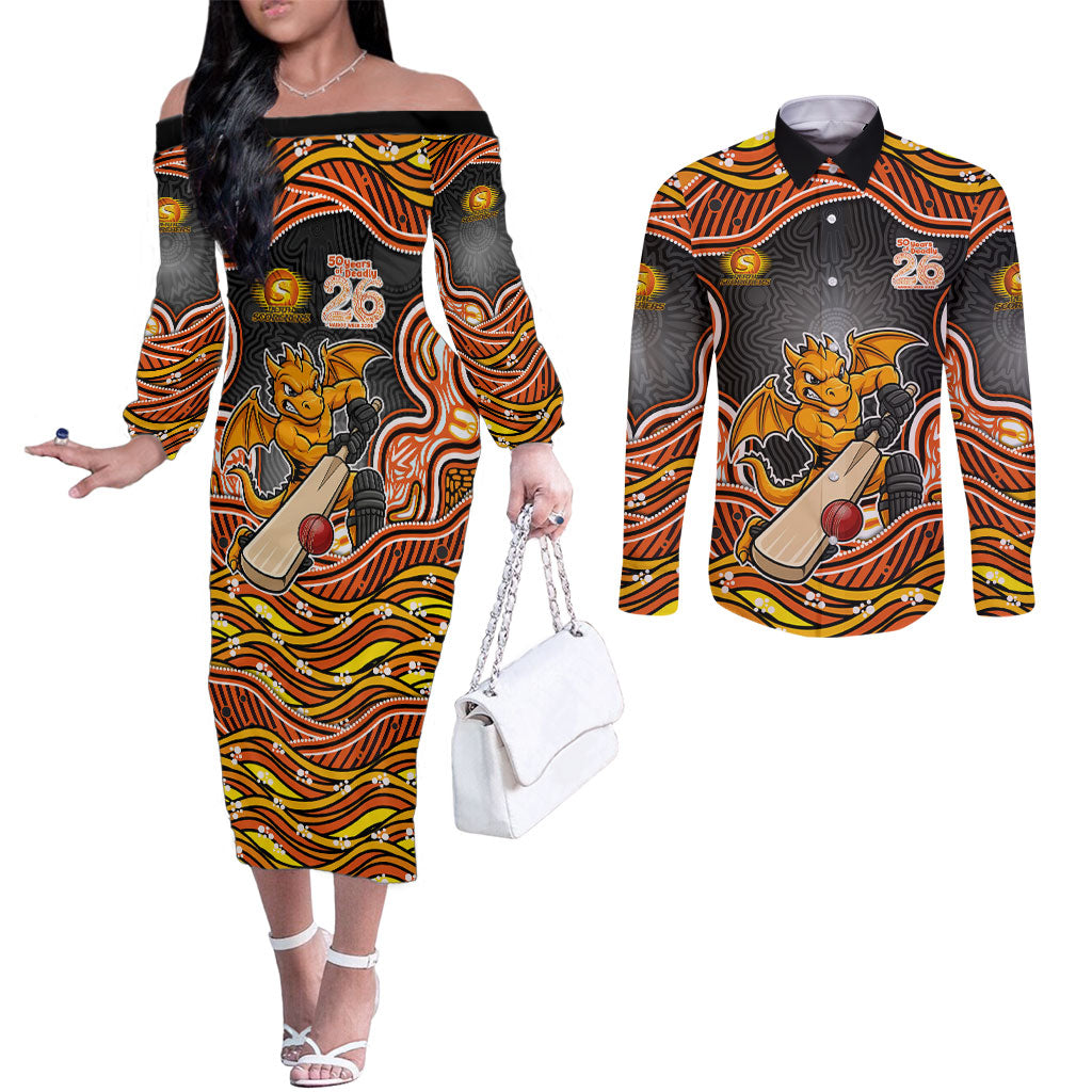 Perth Scorchers NAIDOC Week 2026 Couples Matching Off The Shoulder Long Sleeve Dress and Long Sleeve Button Shirt Aboriginal Indigenous - 50 Years of Deadly