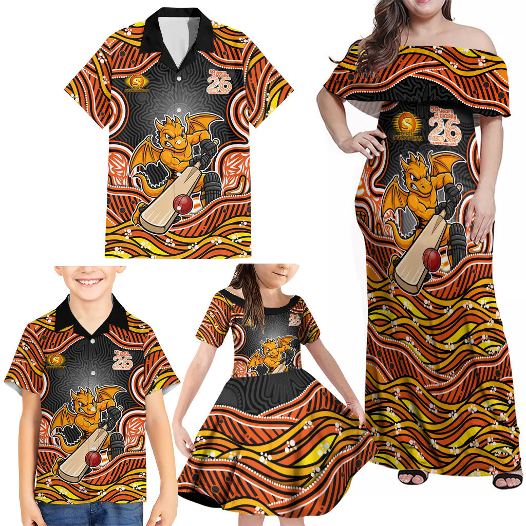 Perth Scorchers NAIDOC Week 2026 Family Matching Off Shoulder Maxi Dress and Hawaiian Shirt Aboriginal Indigenous - 50 Years of Deadly
